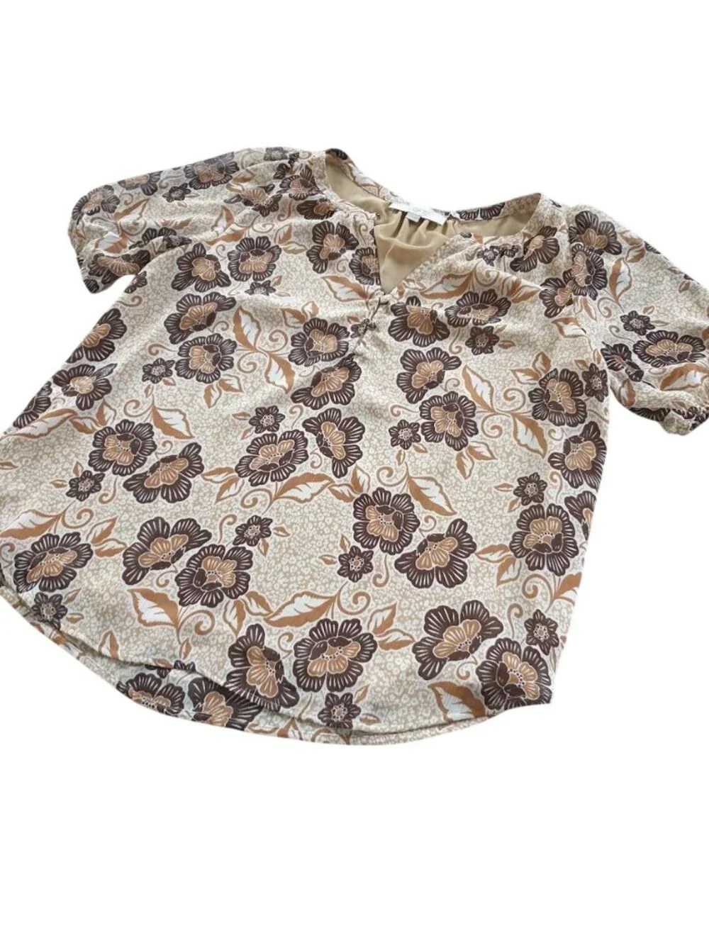 Loft Womens Floral Puff Sleeve Blouse Beige Brown Medium Lightweight V Neckline